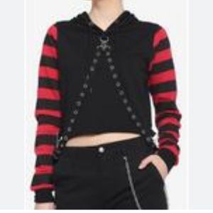 Hot Topic Red & Black Stripe Harness Girls Crop Hoodie Sz L Grunge Emo Goth
